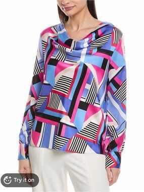Karl Lagerfeld Geometric Cowl-Neck Blouse in Pink & Blue